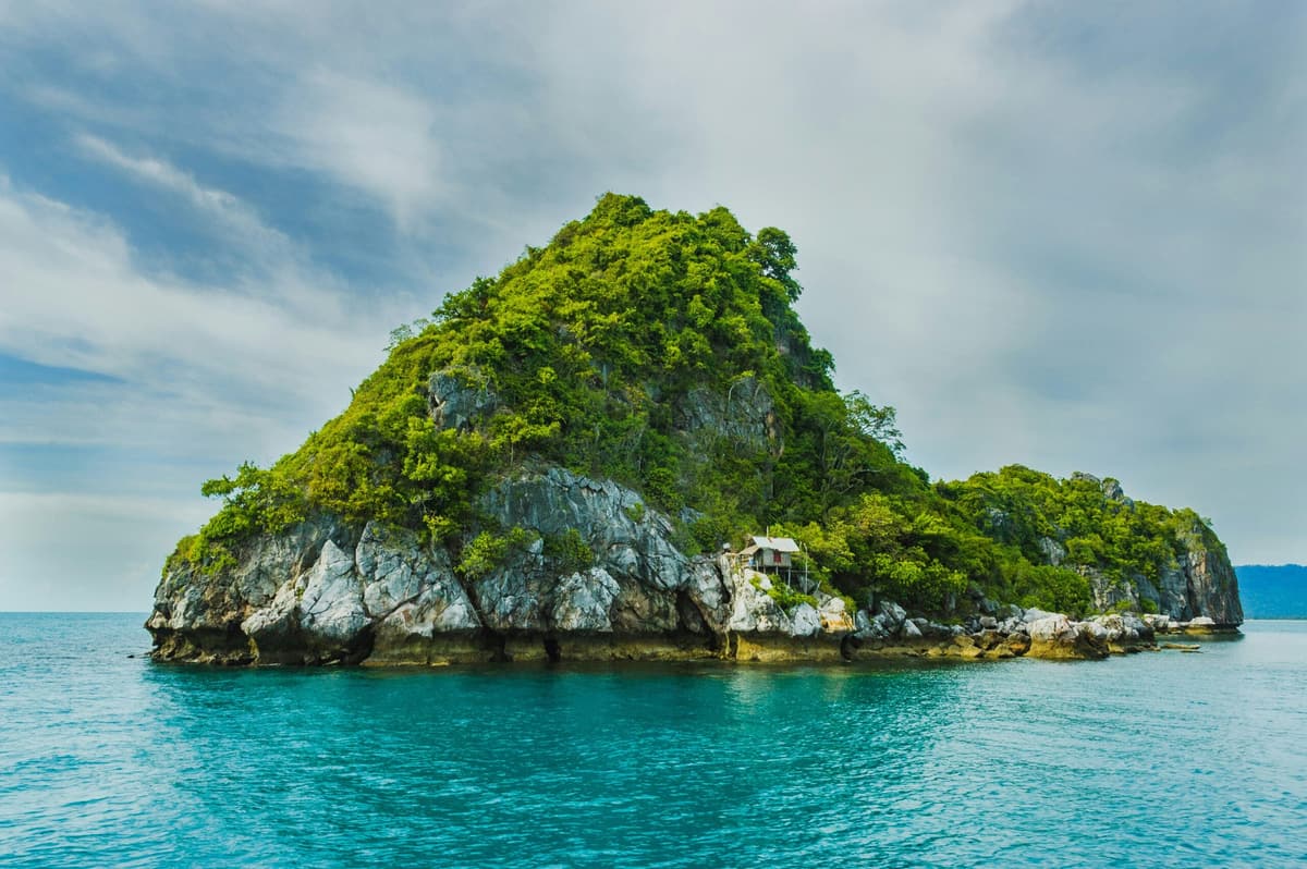 Un îlot boisé dans une eau turquoise et limpide